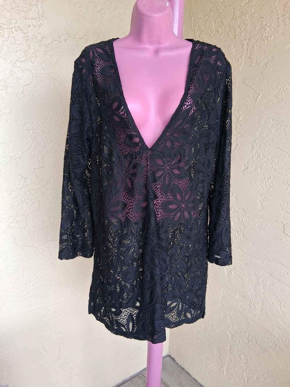 Goth GIRL TUNIC OR Black Crochet V-Neck Swim Cover-Up